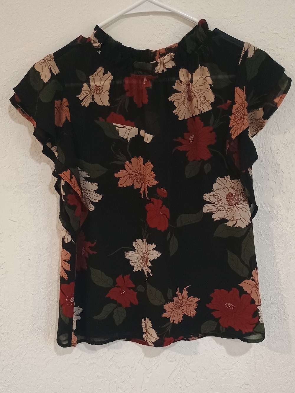 Monteau Black Floral Blouse with Red & Cream Blooms